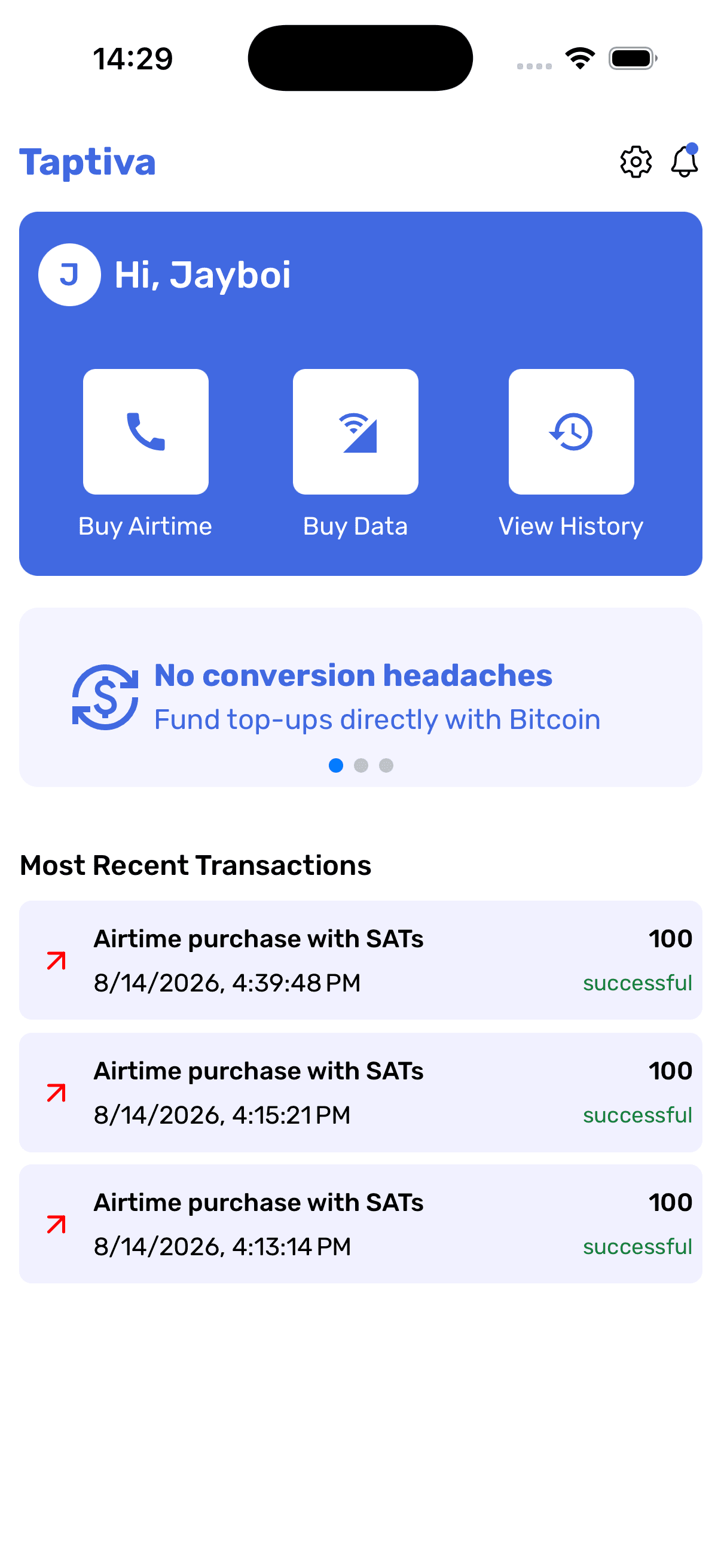 Taptiva home screen showing quick actions and recent airtime purchases