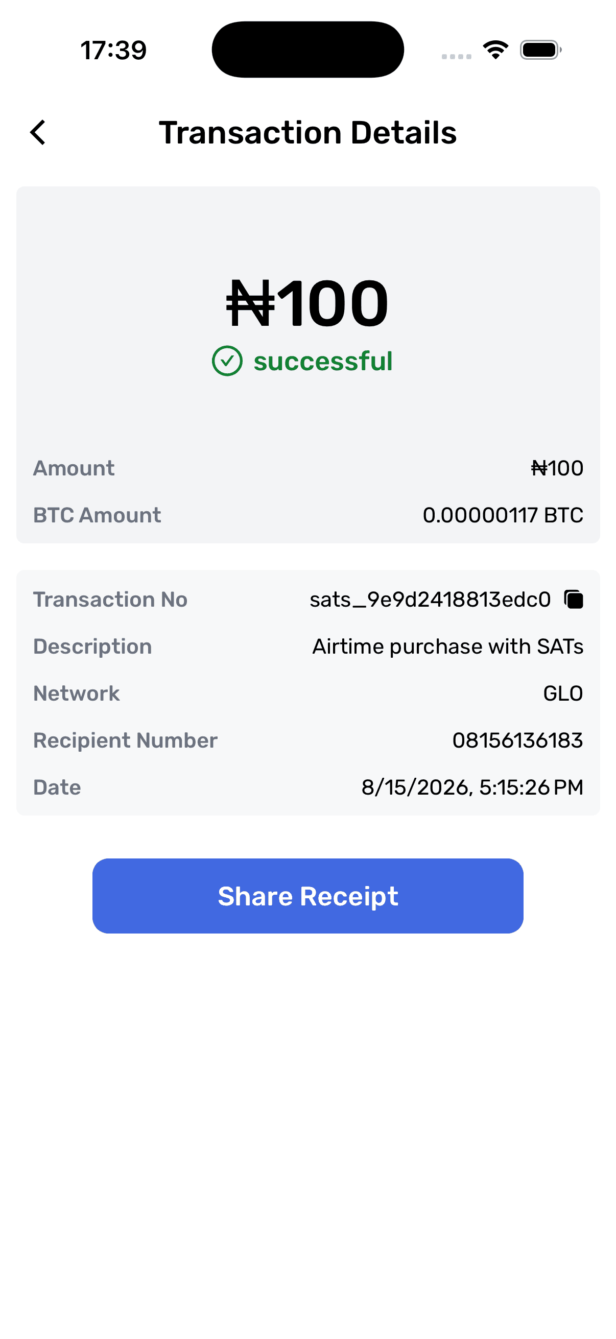 Taptiva transaction details screen showing a successful airtime purchase paid with sats